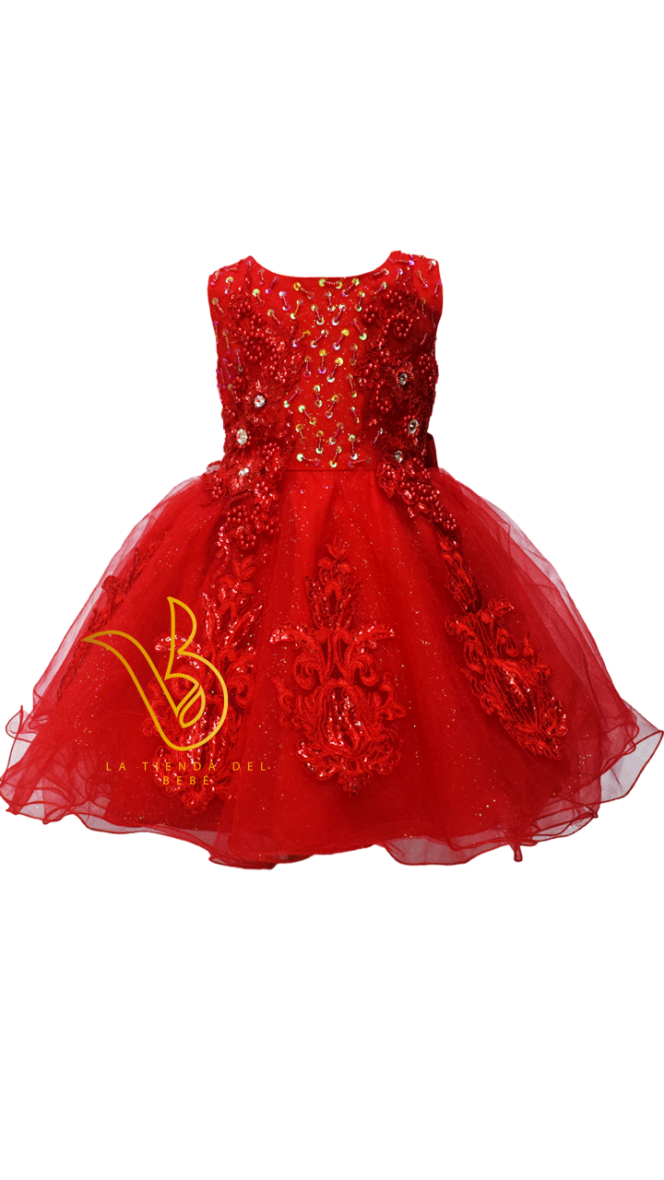 Vestido Para Bautizo Rojo Flores y Perlas
