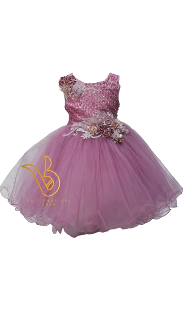 Vestido Para Bautizo Morado Perlas y Flores El Bebe