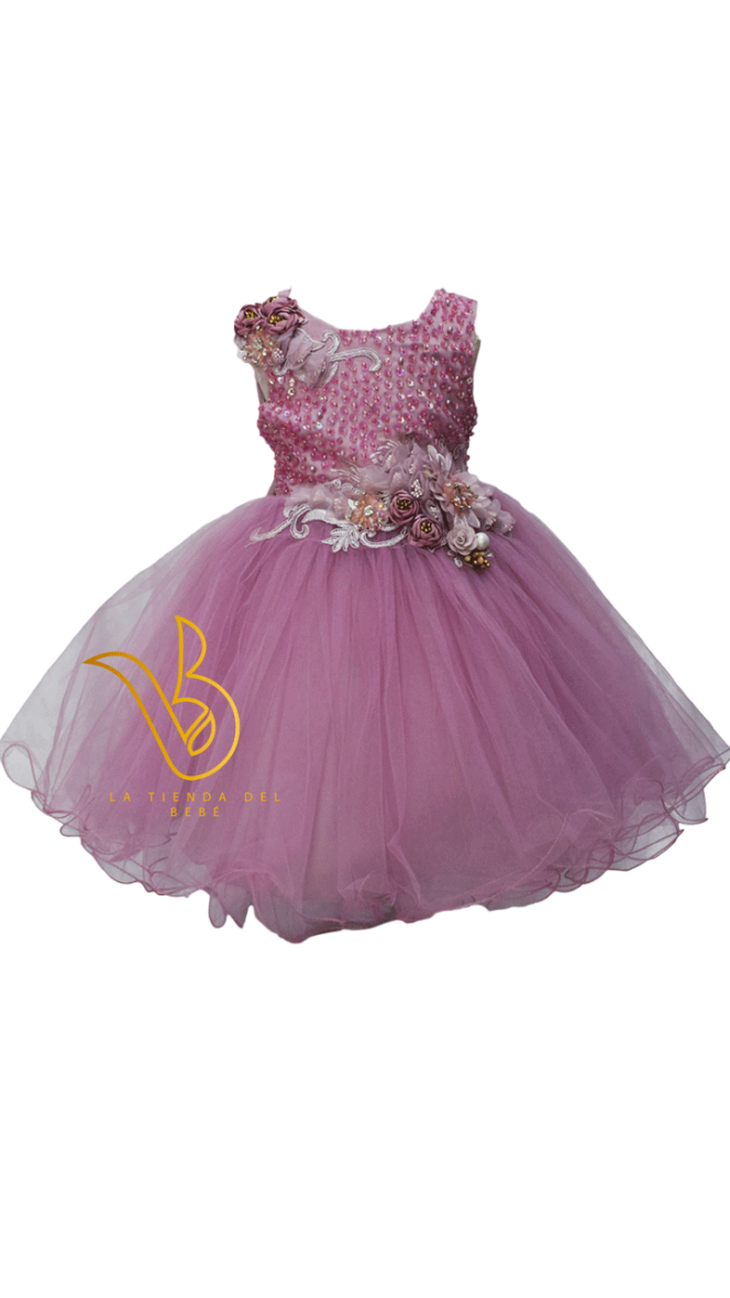 Vestido Para Bautizo Morado Perlas y Flores